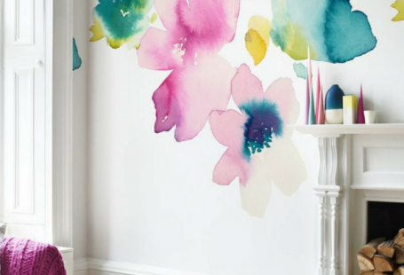 A digitally printed, bluebellgray wallpaper panel design featuring an all over design of oversized florals in inky tones, with an ombre effect.