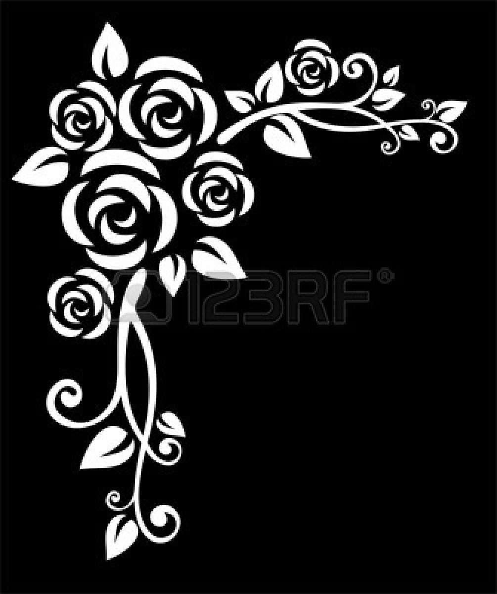 Stylized  white floral border  with rose on a black background. Vector