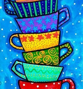Teacups Colour Folkart Print Shelagh Duffett by AliceinParis on Etsy