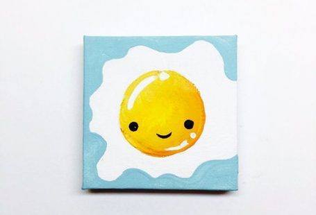 This miniature kawaii painting features a cute painting of an egg, cooked sunny side up! The little egg smiles at you from a light blue background!  The painting was created on a 3 x 3 stretched miniature canvas that measures approximately 1/2 deep. Attached to the back are two magnetic strips,... Painting Ideas