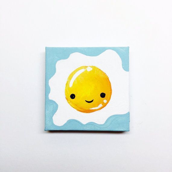 This miniature kawaii painting features a cute painting of an egg, cooked sunny side up! The little egg smiles at you from a light blue background!  The painting was created on a 3 x 3 stretched miniature canvas that measures approximately 1/2 deep. Attached to the back are two magnetic strips,... Painting Ideas