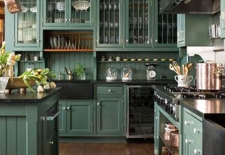 Love this green kitchen with black accents.