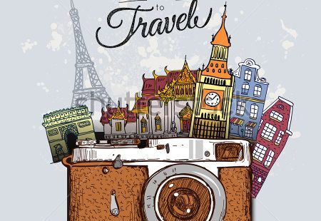 Travel photo background with retro camera and landmarks cards vector illustration