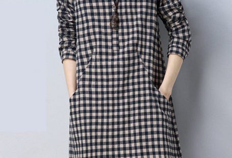 Turn Down Collar Plaid Cotton/Linen Shift Dress