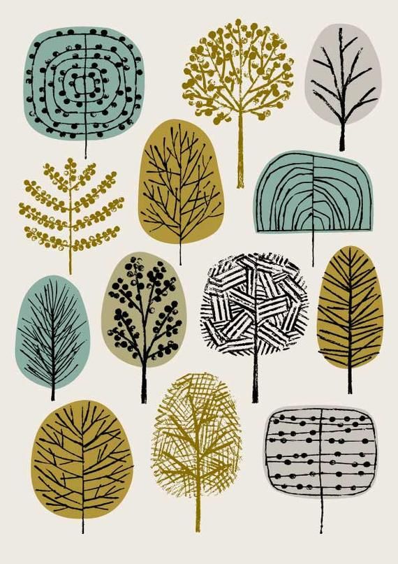 Types of Trees is a print that adds to my growing range of tree-inspired images. Colours used in this piece include olive green, light teal and black on a neutral stone background. This is a run limited to 100 prints. There is a small white border, where the print is titled, signed, dated and