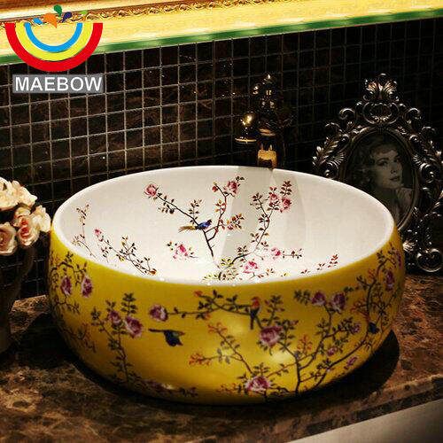 New Birds And Flower Countertop Lavobo Ceramic Bathroom Bowl Sink Wash Basin