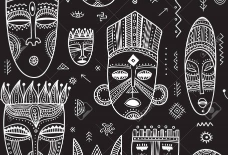 Vector seamless pattern with African ethnic tribal masks decorated with boho ornaments and ritual symbols. Can be printed and used as wrapping paper, wallpaper, textile, fabric, etc Stock Vector - 82627658
