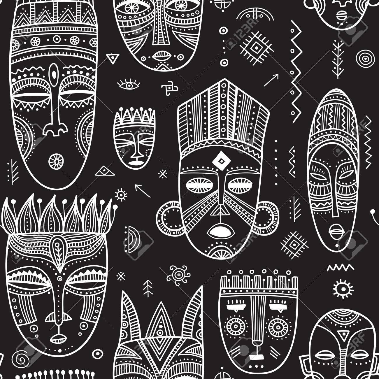 Vector seamless pattern with African ethnic tribal masks decorated with boho ornaments and ritual symbols. Can be printed and used as wrapping paper, wallpaper, textile, fabric, etc Stock Vector - 82627658