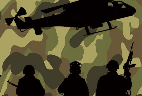 Military camouflage wallpaper with helicopter and soldier silhouette art. War hero wallpaper.