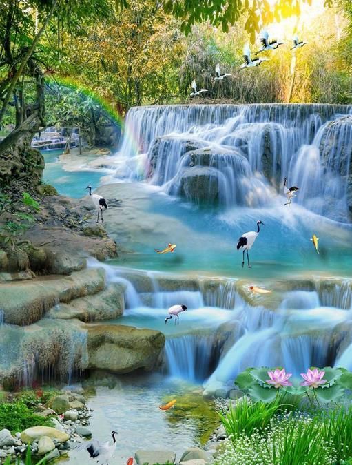 3d flooring waterproof wallpaper custom 3d flooring Waterfalls Lotus Carp self adhesive mural wallpaper 3d floor tiles