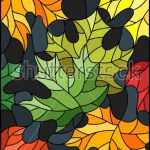 Illustration in stained glass style with colorful leaves   maple trees on a dark background