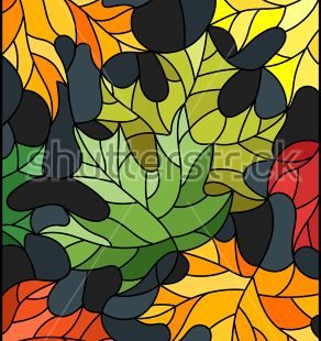 Illustration in stained glass style with colorful leaves   maple trees on a dark background
