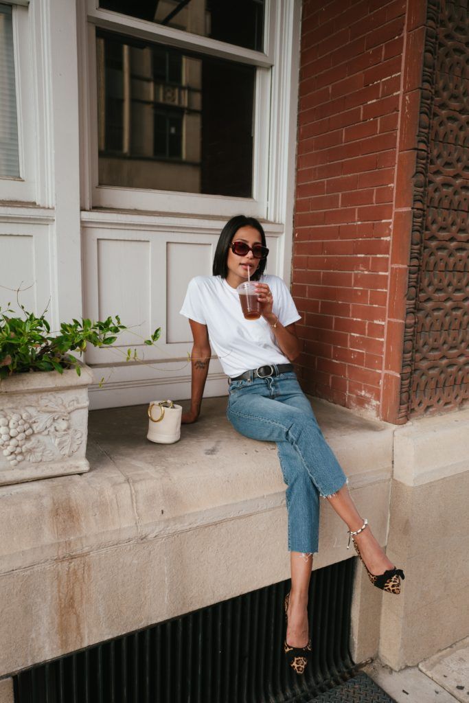 Lauren Johnson of Disco Daydream in Levi's, a White Tee, and Leopard Heels for Summer