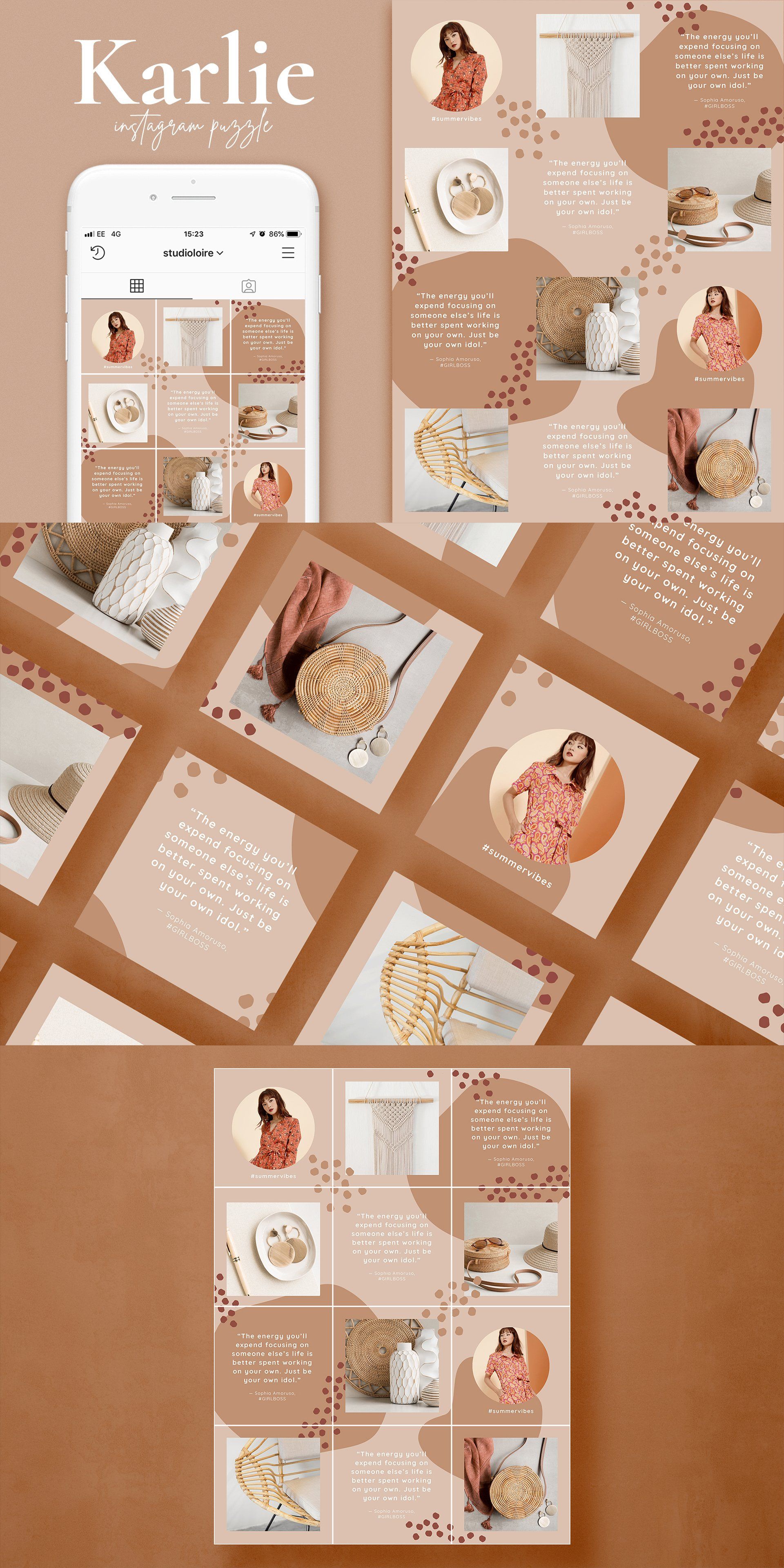 Karlie is a mini Instagram grid puzzle template, perfect for those who like to share meaningful quotes with their social media audience. You can add your own images, replace quote text, change the background and shape colours. #instagramtemplate #instagramtips #