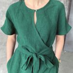 Linen loose kimono wrap summer dress with pockets, emerald green loose washed linen tunic with kimono sleeves and belt, MaTuTu linen Style