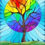 Illustration in stained glass style with abstract rainbow tree, meadow and sky background