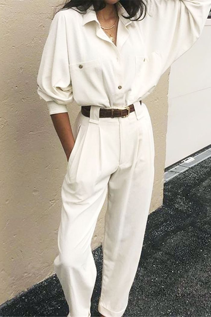 Shirts and trouser outfit ideas: Na Nin Vintage's white shirt and white trousers combination