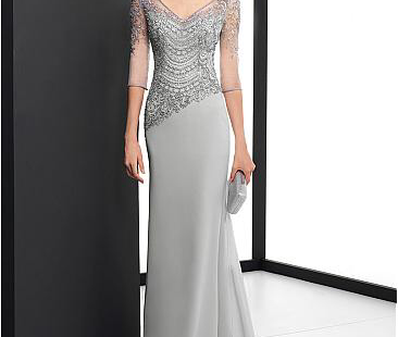 [167.00] Delicate Chiffon V-neck Neckline 3/4 Length Sleeves Sheath / Column Evening Dress With Beaded Embroidery - magbridal.com.cn