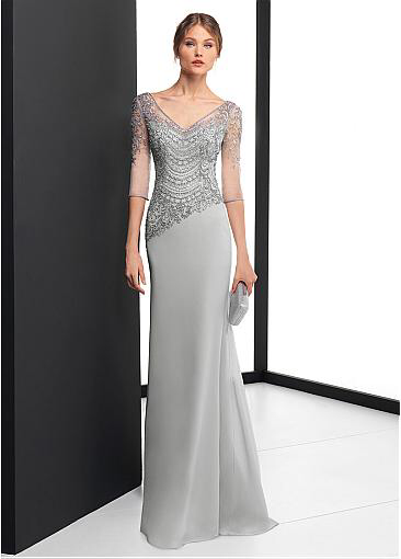 [167.00] Delicate Chiffon V-neck Neckline 3/4 Length Sleeves Sheath / Column Evening Dress With Beaded Embroidery - magbridal.com.cn