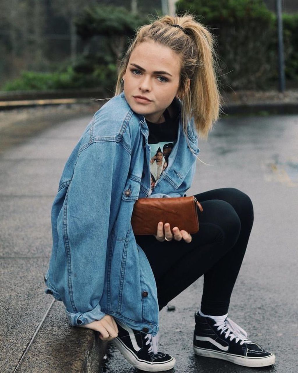 Love the shoes and coat but maybe a very dark denim instead