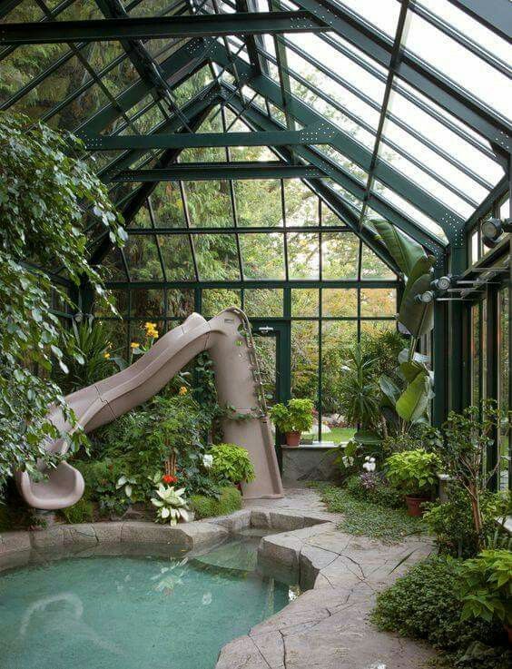 Backyard pool with water slide