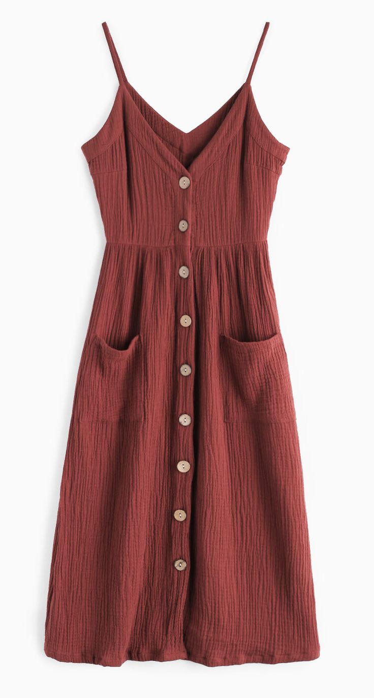Style: Brief Occasion: Day,Vacation Material: Polyester Silhouette: A-Line Dresses Length: Mid-Calf Collar-line: Spaghetti Strap Sleeves Length: Sleeveless Pattern Type: Solid Season: Fall,Spring,Summer Cami Button Through Woven Midi Summer Dress - Maroon sundress