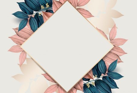 Rhombus gold frame on pink and blue leaf pattern background vector
