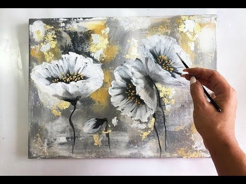 Flowers painting on canvas/ Gold & Silver Leaf/Demo /Acrylic Technique on canvas - YouTube