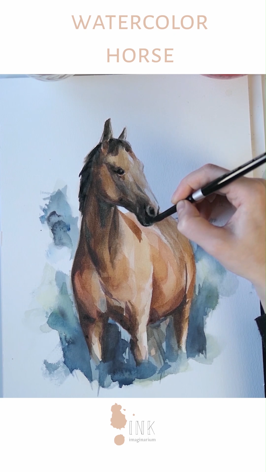 Do you love horses and time lapse painting videos? Then you will love watching the creation process of this beautiful horse, one of the most graceful creatures! Click in the link to see more watercolor process videos with more detail in the blog! All created by the visual artist Laura Manteca Martin from Ink Imaginarium. #watercolorhorse #watercoloranima