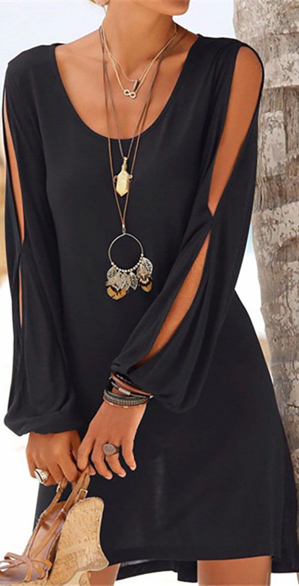 Hot Sale!Sexy Solid Long Sleeve U Neck Solid Mini Dress