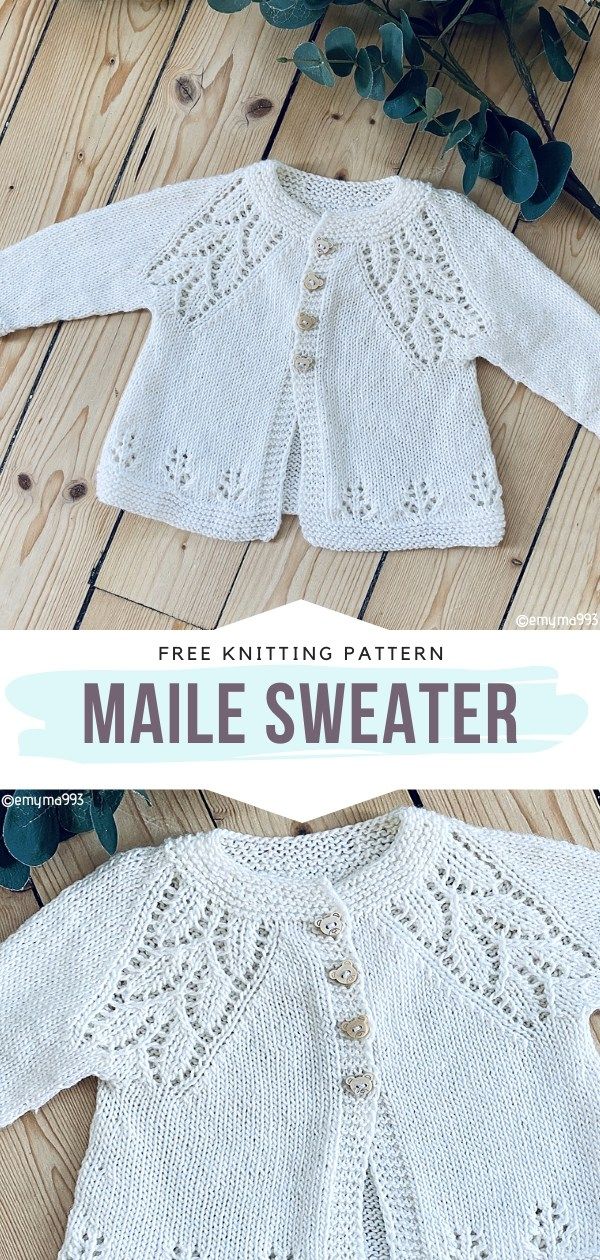 Maile Sweater Free Knitting Pattern This baby cardigan is so retro! Its irresistible charm may be caused by the beautiful floral motifs. What do you think? Very subtle and elegant indeed! You can make it in timeless white or choose a delicate pastel shade instead. #knitcardigan #knitbabycardigan 