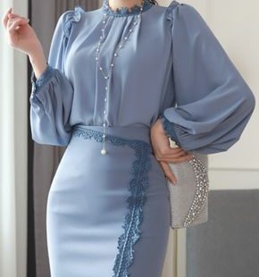 StyleOnme_Lace Trim Asymmetrical Hem Pencil Skirt #blue #lace #feminine #skirt #koreanfashion