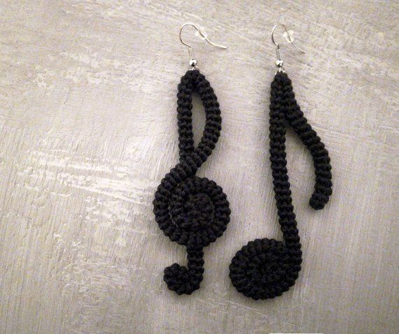Music note earrings artistic jewelry - crochet tube music theme earrings, musician gift: - a set of treble clef and eighth note (quaver) - made out of crocheted tubes using 100 % mercerized cotton thread in black color - wrapped and shaped like base note and treble clef with wire