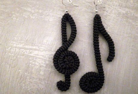 Music note earrings artistic jewelry - crochet tube music theme earrings, musician gift: - a set of treble clef and eighth note (quaver) - made out of crocheted tubes using 100 % mercerized cotton thread in black color - wrapped and shaped like base note and treble clef with wire