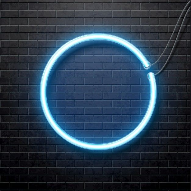 Neón círculo azul aislado en la pared de ladrillo negro Vector Premium
