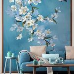 Oil Pating Flowers and Bird Wall Stickers Blue Color Vintage