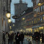 Paul Gustave Fischer (Danish, 1860-1934) Aftenstemning (Street in the evening). Oil on canvas, n/d.