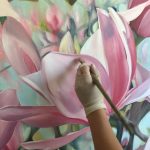 Time lapse of artist, CoCo Zentner, painting realistic pink Japanese Magnolia flowers for living room in New Orleans. To learn more about how to paint or her process, visit her website at www.cocozentner.com.