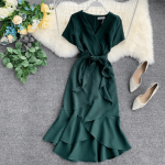 Create the elegance of simplicity with this incredibly designed dress with ruffles at the bottom. The wrap dress womens is a must have work dress that you always want to have in your wardrobe. Available in Black, Sky Blue, Green, Pink, Red, White Size: One Size (Bust 88-90, Waist 72-76, Shoulder 37, Sleeve 17, Length 89-104,