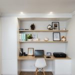 small home office tucked into a family room or basement home office, modern neutral home office desk area Everlong Joinery, Belmont