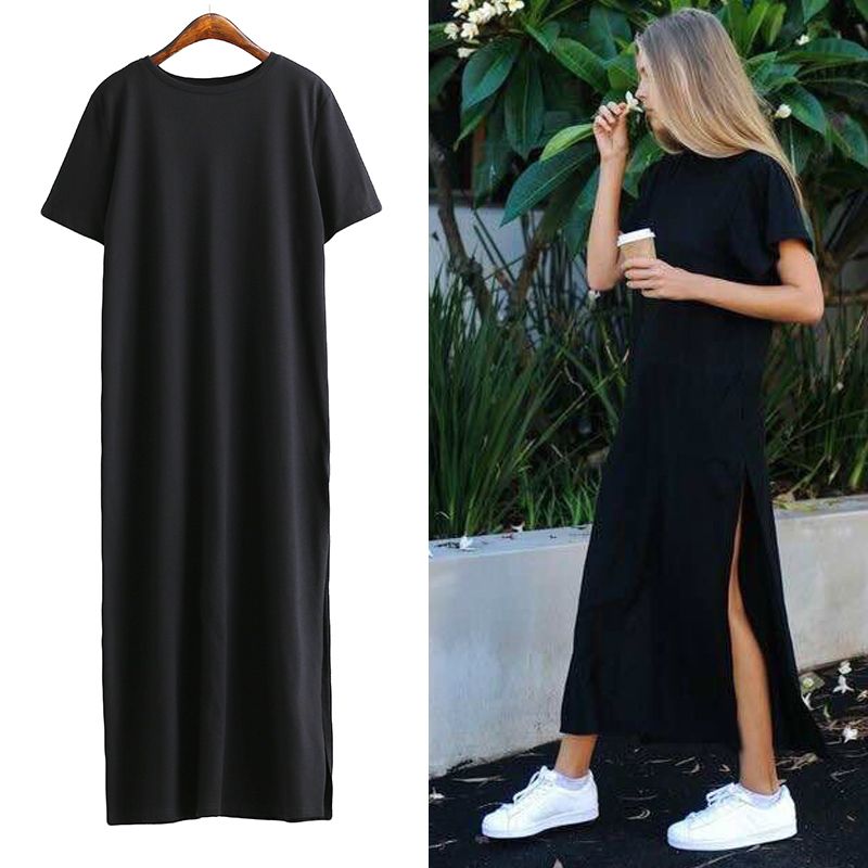 Barato [Twotwinstyle] verão side high slit longo t shirt mulheres sex dress mangas curtas preto roupa nova moda, Compro Qualidade Vestidos diretamente de fornecedores da China: [Twotwinstyle] verão side high slit longo t shirt mulheres sex dress mangas curtas preto roupa nova moda