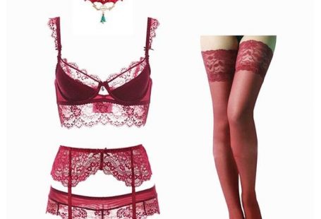 5 Piece Lingerie Lace push up bra sets bra, panties, garter, stockings and necklace set - Wine Red / 80D / China