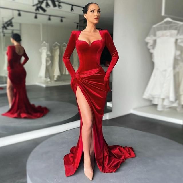 Elegant Sexy Red Evening Dresses for Women Party Wedding Velvet Long Sleeve Maxi Dress with High Split