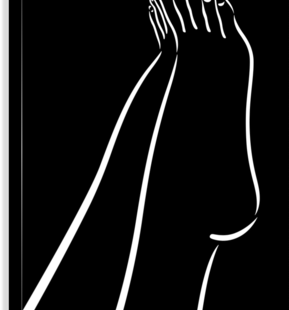 A pair of bent legs outlined in white on a black background.