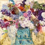 An abstract painting by abstract artist Sandy Welch, A lovely romantic bouquet of lilacs and assorted blooms all in a wonderful turquoise vase.. Can you just smell that wonderful fragrance...