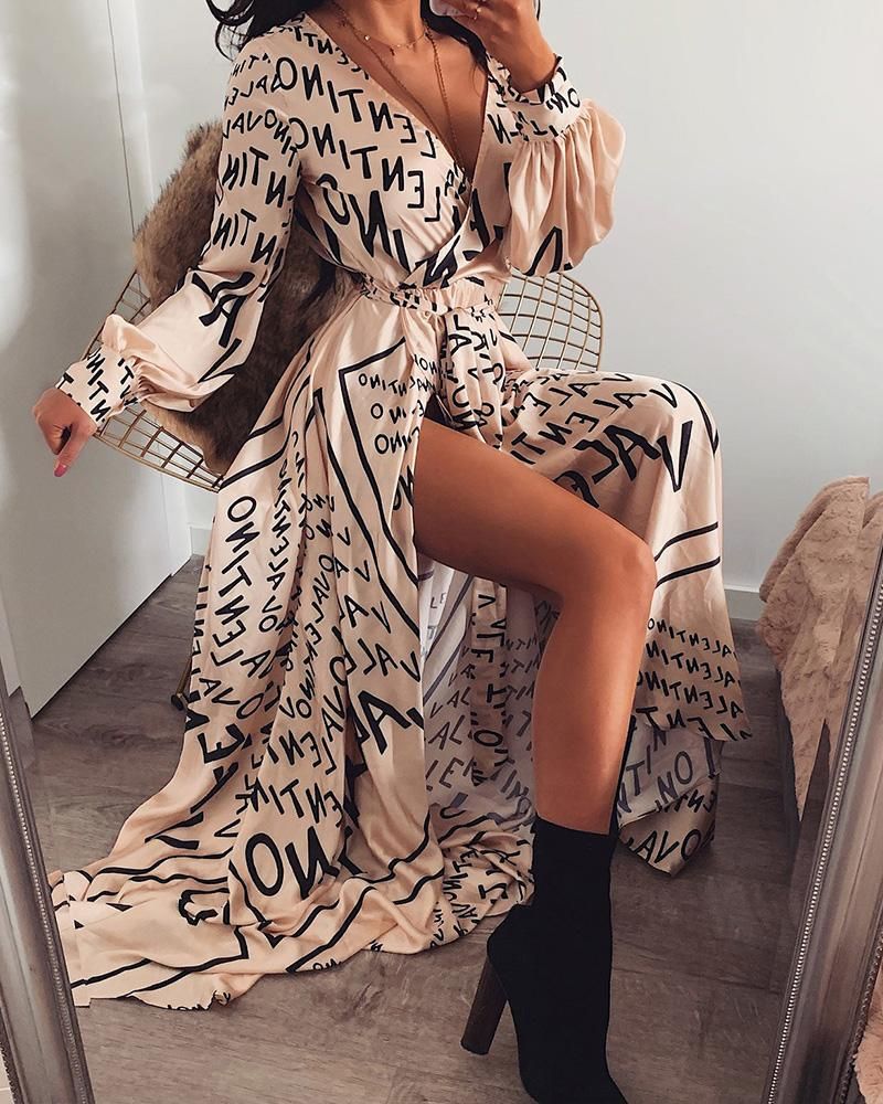 Letter Print Lantern Sleeve High Slit Maxi Dress P13222, Apricot / S