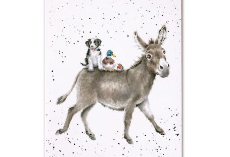 Donkey lovers will adore receiving your hand-written message on this quality note card card from award winning British artist Hannah Dale. Featuring a jaunty donkey with a puppy, duck and songbird enjoying the ride! Inspired by the British countryside, her work is so recognizable by the delicately painted brushwork, subtle colors and unique paint spatters. Printed on high quality, sustainable sourced textured paper board and is left blank inside for your own personal message. supplied with a recycled brown craft envelope that compliments the ar