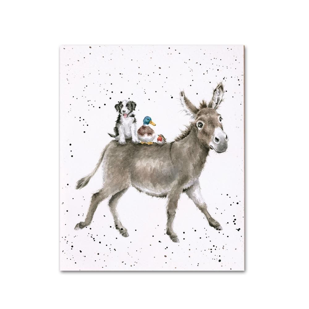 Donkey lovers will adore receiving your hand-written message on this quality note card card from award winning British artist Hannah Dale. Featuring a jaunty donkey with a puppy, duck and songbird enjoying the ride! Inspired by the British countryside, her work is so recognizable by the delicately painted brushwork, subtle colors and unique paint spatters. Printed on high quality, sustainable sourced textured paper board and is left blank inside for your own personal message. supplied with a recycled brown craft envelope that compliments the ar