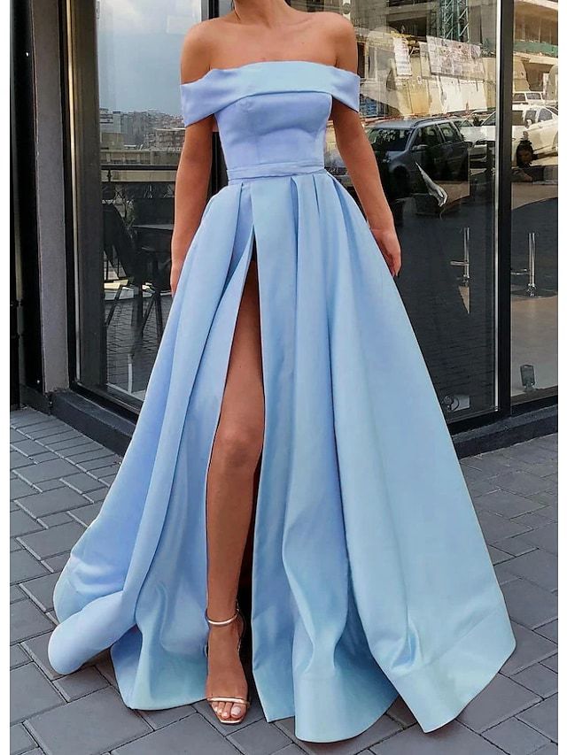 Linha A Minimalista Sensual Noivado Baile de Formatura Vestido Ombro a Ombro Sem Manga Longo Cetim com Com Fenda 2021 de 2021 por € 137.97