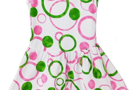 Beautiful Girls Pink and Green Bubble printed Swing Dress by AnnLoren. Full skirt attached. Low Waist. Trimmed with pink polka dots. Very flattering to all body types. Lays above the knee for most, depending on the height of girl. Made with 95% Egyptian Cotton 5% Spandex stretch knit.